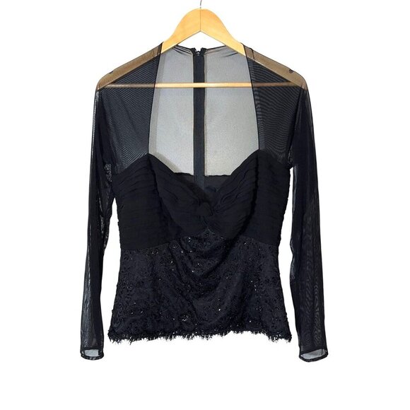 Tadashi Shoji Black Sheer Long Sleeve Top With Sequin Embellishments Size 14 WOm - Picture 1 of 7